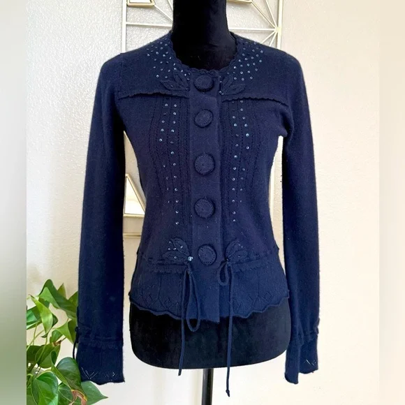 Nanette Lepore 100% Cashmere Navy Cardigan M Sequin Button Vintage Style - Picture 2 of 5